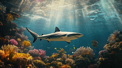 Naklejka premium A reef shark swimming near the surface, with the light rays illuminating the water around it and the vibrant reef below.