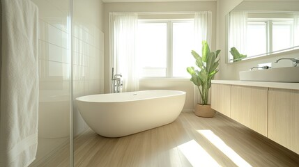 A Scandinavian-inspired bathroom with a clean white bathtub, light wood floors, and minimalist fixtures.
