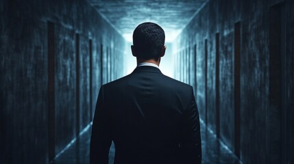 Fototapeta premium A man in a suit is walking down a hallway