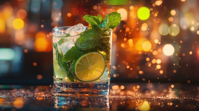 Vibrant Mojito Cocktail with Mint and Lime in Clear Glass at Lively Bar | Refreshing Summer Drink Concept