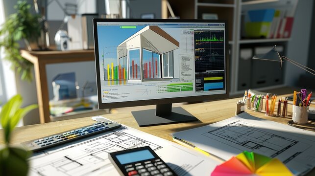 "Create a photorealistic image of a heating load calculation for a single-family home. Display technical diagrams, charts, and tables