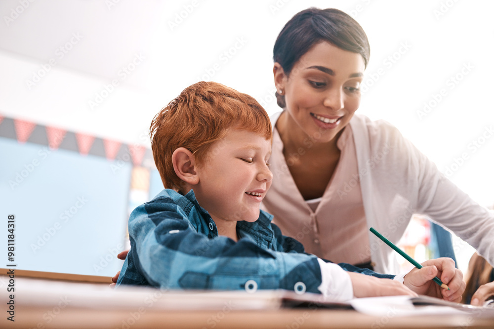 Poster writing, teacher and child in classroom for help in student growth, child development and advice for