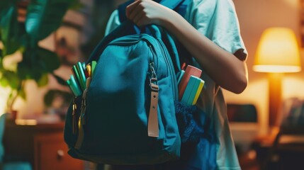 A student packing their backpack with fresh school supplies on the night before the first day of school.