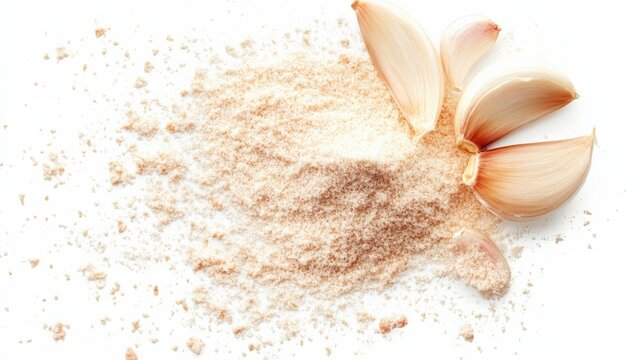 Close-up of garlic powder with garlic cloves on a white background. Perfect for cooking, seasoning, and spice-themed projects.
