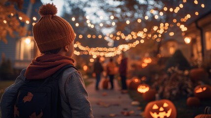 Obraz premium A young boy, bundled in a beanie and scarf, admires glowing Halloween decorations and pumpkins while walking along a festively lit street.
