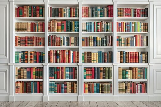 Colorful bookshelves in elegant library
