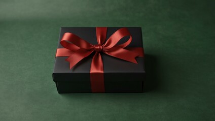 Black matte gift box with a glossy red ribbon on a green background.