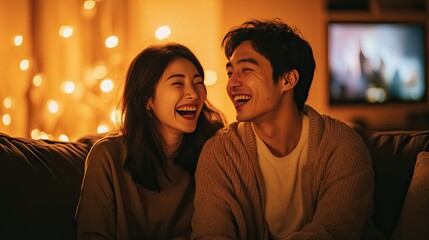 An Asian couple sitting together on a cozy sofa, laughing while watching a movie on their TV in a warmly lit living room.