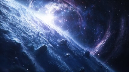 Fototapeta premium Celestial Canopy: Majestic Space Scene of Swirling Bodies and Cascading Dust in the Galaxy
