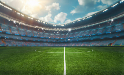 textured soccer game field with sun light on a sunny day - center, midfield