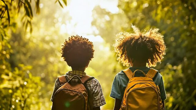 Two young black boys are hiking through a sunlit forest, each carrying a backpack. The boys, wearing casual outdoor clothing, walk side by side, enjoying nature. The scene evokes a sense of adventure.