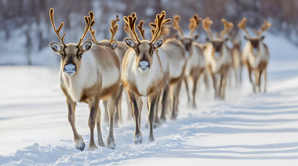 Obraz premium Herd of reindeer roam in winter's snowy wilderness, or forest, symbol of nature in the frozen tundra of Siberia, where deer and wildlife thrive in the cold arctic north