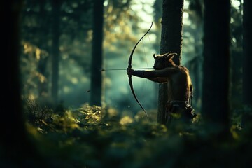 A mythical faun, half-human, half-goat, is depicted in the forest, skillfully aiming a bow and arrow. The scene is set in a dense, lush, green woodland.