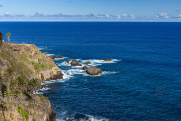 Playa de Castro, tall palm trees, banana trees, black volcanic sand, landscape of the coast of Tenerife,