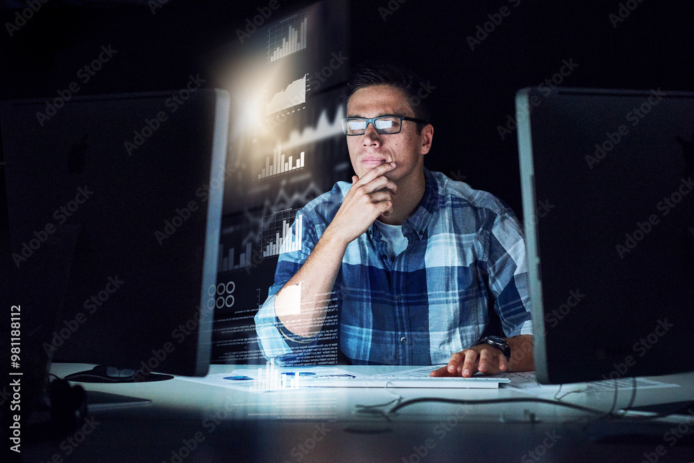 Poster dark, office and man with programming overlay for online data, analysis and cybersecurity for crypto