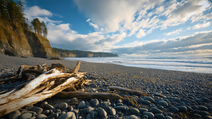 Beach with driftwood in a natural coastal landscape ocean shore scenic sea view beautiful blue water, and a rocky coastline with tree trunk and roots serene and peaceful outdoor environment, summer