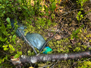 A carelessly throw away plastic water bottle nestled in the moss on a forest path. Plastic trash in...