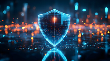 3D Integrity Shield Protecting Cityscape Data Streams: Election Security Concept with Transparent Shield and Bokeh Lights