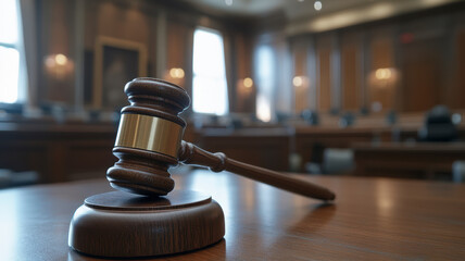 A gavel in sharp focus with a blurred courtroom in the background