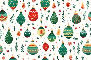 Christmas tree pattern, seamless background for wrapping paper, hand drawn spruces and snowflakes on red.