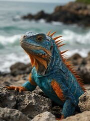 Blue and orange iguana on a rocky shore, gazing at the ocean.