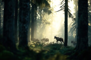 A serene forest scene illuminated by soft, morning sunlight, featuring a group of majestic deer with antlers walking gracefully through the dense woods.