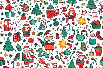 Christmas tree pattern, seamless background for wrapping paper, hand drawn spruces and snowflakes on red.