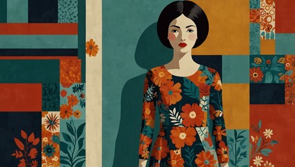 Bold abstract woman with floral patterns and blocks.