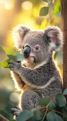 Fototapeta premium Adorable Baby Koala Munching on Eucalyptus Leaf in Soft Natural Light with Copy Space