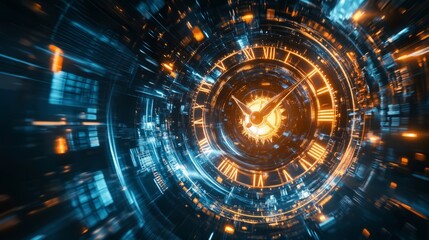 Fototapeta premium Time travel Technology Background with Clock concept and Time Machine, Can rotate clock hands. Jump into the time portal in hours. Traveling in space and time. Time travel fantasy scifi cinematic film