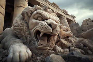 Fototapeta premium A dramatic image of ancient stone lion statues at a historical ruin site with tall columns and scattered rubble under a cloudy sky. The statues are intricately detailed, with fierce expressions.