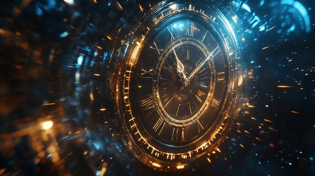 Time travel Technology Background with Clock concept and Time Machine, Can rotate clock hands. Jump into the time portal in hours. Traveling in space and time. Time travel fantasy scifi cinematic film