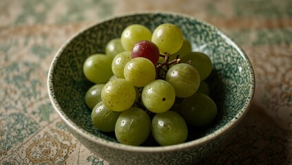 Bowl of fresh green grapes on a patterned plate.