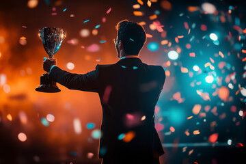 Successful entrepreneur holding a trophy on a stage with confetti falling