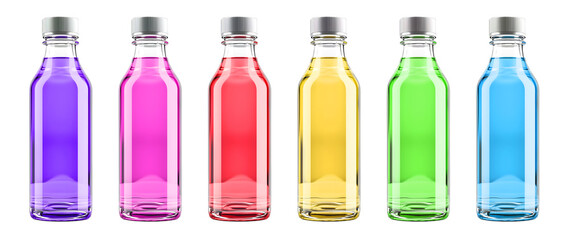 Colorful Glass Bottles with Silver Caps in a Rainbow Spectrum for Modern Product Display, Cutout, Isolated on White Background