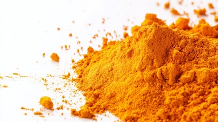 Close-up of vibrant orange turmeric powder on a white background, showcasing its fine texture and vibrant color used in cooking and traditional medicine.
