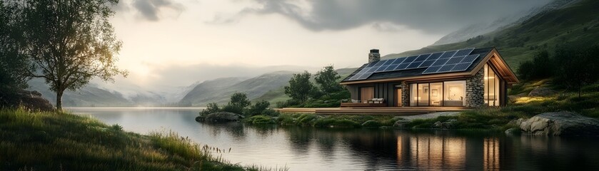 Tranquil Eco Home Nestled by a Picturesque Lake with Solar Panels and Rustic Architecture