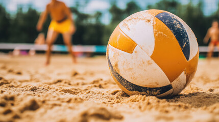 Dynamic beach volleyball game in action. Close-up of ball over net and sunny sky. Summer sports and active lifestyle concept. Design for poster, banner.