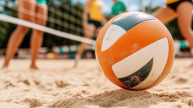 Dynamic beach volleyball game in action. Close-up of ball over net and sunny sky. Summer sports and active lifestyle concept. Design for poster, banner.