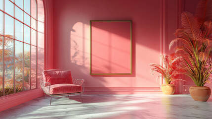 Pink armchair in a pink room with a large window and palm trees