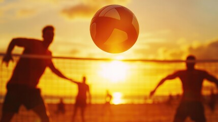 Fototapeta premium Dynamic beach volleyball game in action. Close-up of ball over net and sunny sky. Summer sports and active lifestyle concept. Design for poster, banner.