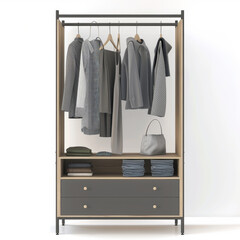 Stylish wardrobe with an open rack for hanging clothes, featuring neatly folded garments and chic handbag. Perfect for modern organization and aesthetics