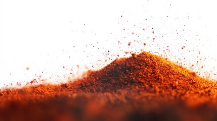 Close-up of vibrant red paprika powder against a white background, showcasing the fine texture and color of the spice.