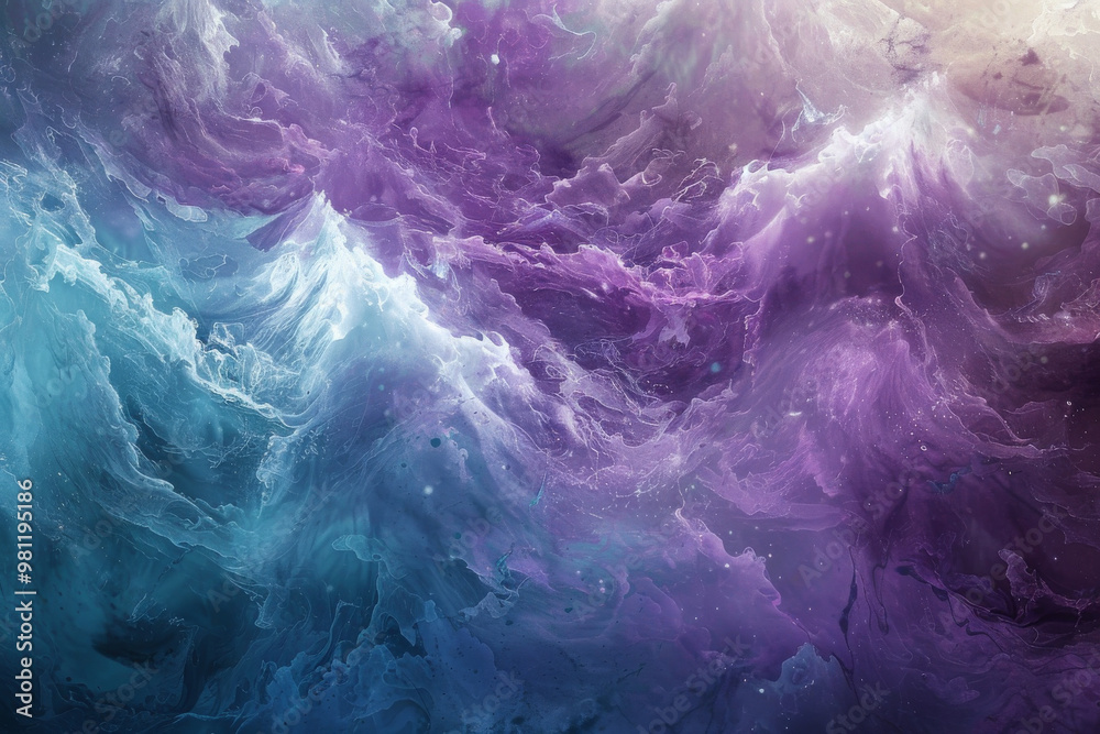 Wall mural Ethereal waves of purple and blue swirl together, creating mesmerizing abstract background that evokes sense of calm and wonder. fluid motion and vibrant colors invite viewer to explore depths of this