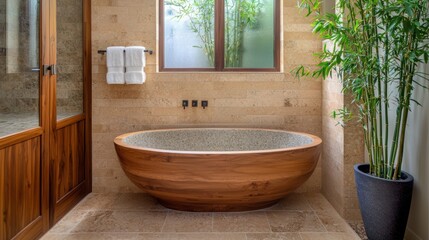 Fototapeta premium Elegant wooden bathtub in a modern bathroom surrounded by natural elements and soft lighting, perfect for relaxation.
