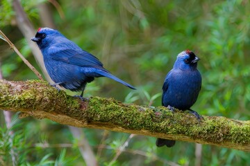 Two vibrant blue birds perched on a mossy branch in a lush environment.