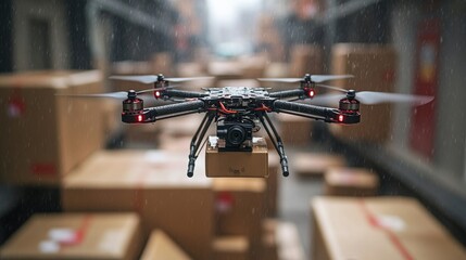 Drones delivering packages in a busy urban area on a rainy day