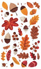 Charming and minimal illustration of chestnuts, autumn leaves, and acorns on a white background