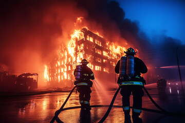 Fototapeta premium Firefighters battling a massive blaze at a multi-story building during early evening in a city. Generative ai.