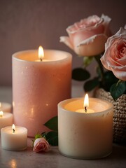 Burning candles and rose flowers, spa atmosphere in soft pink tones.